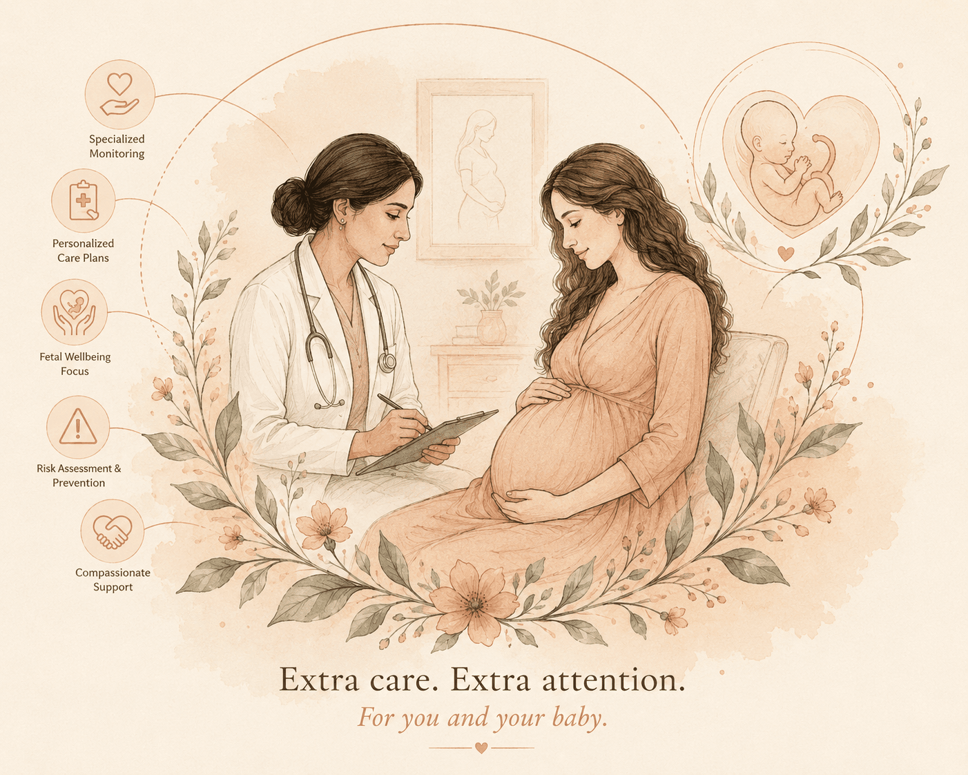 Editorial illustration of high-risk pregnancy care — a calm pregnant figure with a clinician nearby, framed by botanical linework and gentle monitoring symbols
