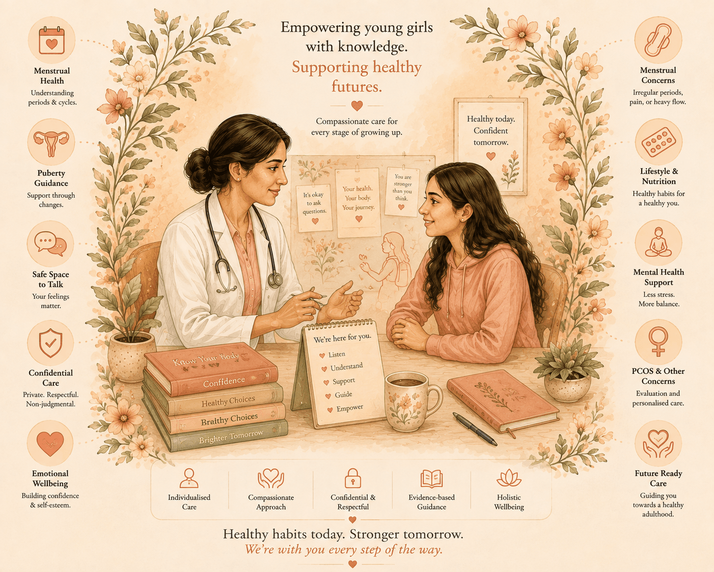Editorial illustration of adolescent gynecology care — a young figure with a clinician nearby, framed by botanical linework in a calm, reassuring setting