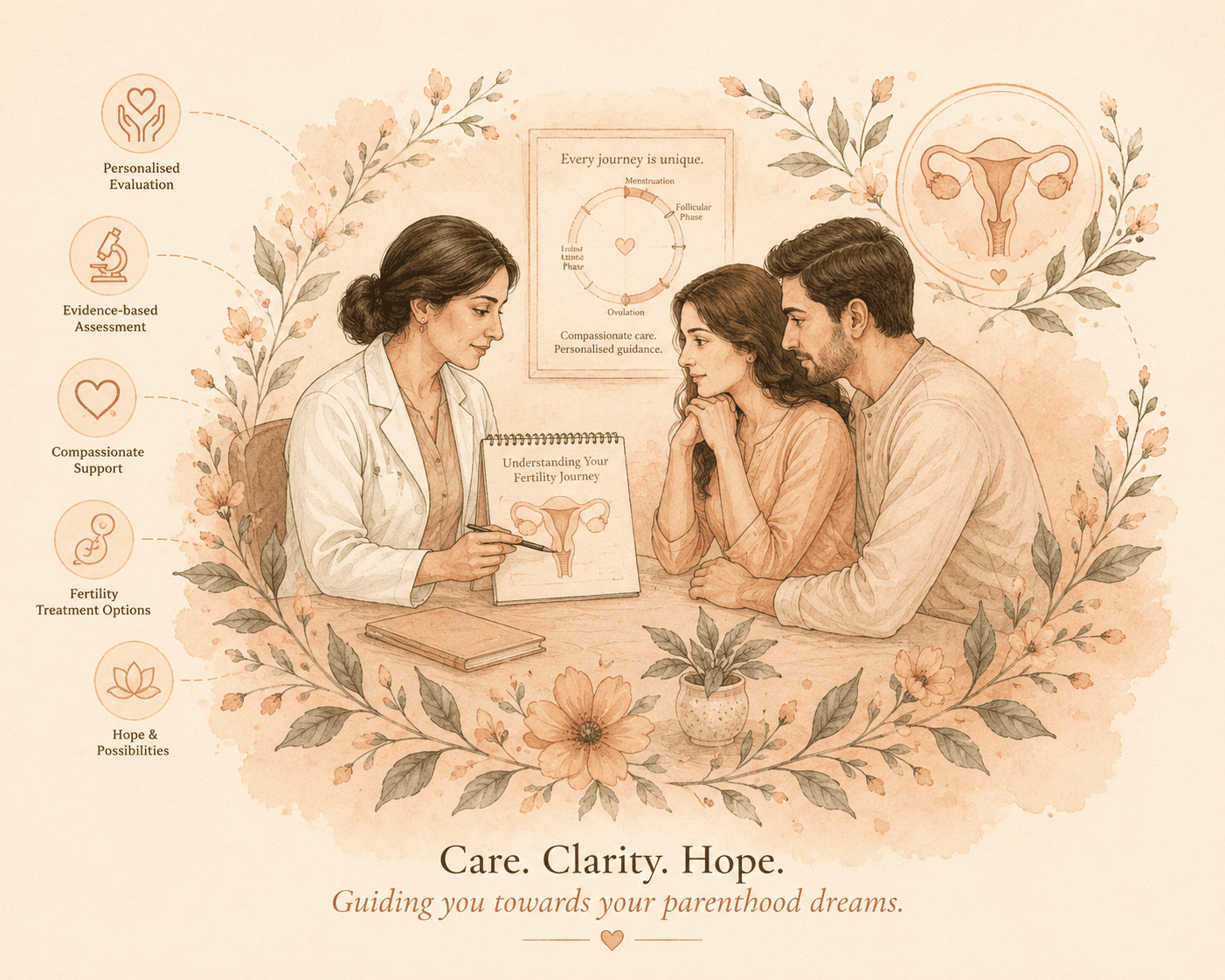 Editorial illustration of infertility and fertility care — a calm figure with a clinician nearby, framed by botanical linework and gentle evaluation symbols