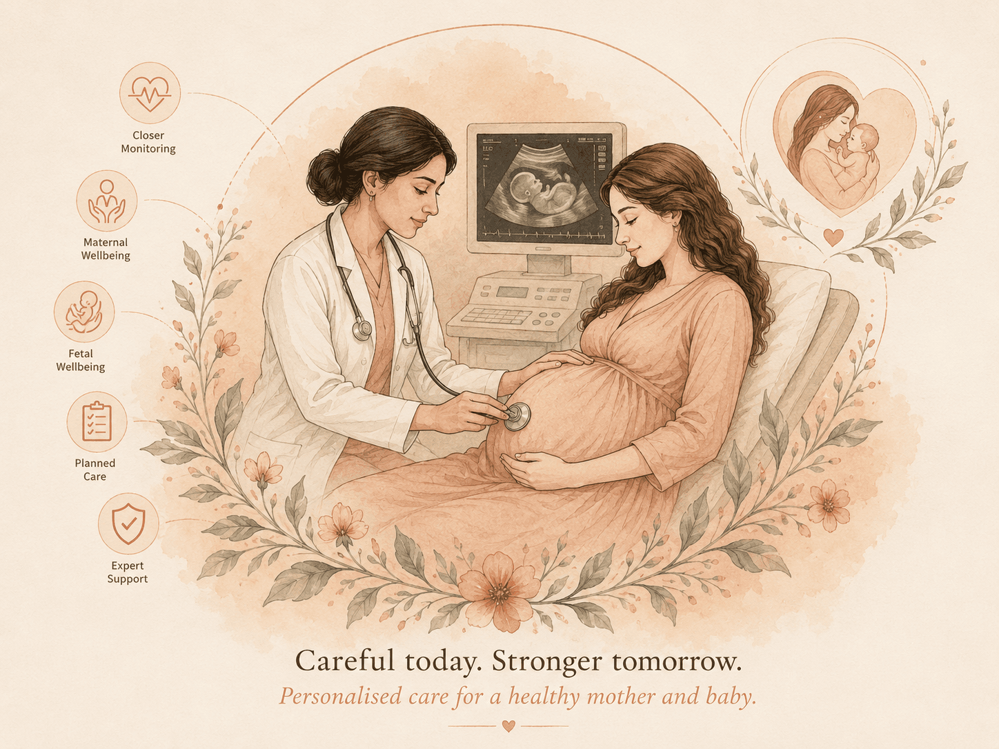 Editorial illustration of normal delivery care — a calm pregnant figure with a clinician nearby, framed by botanical linework and gentle birth-planning symbols