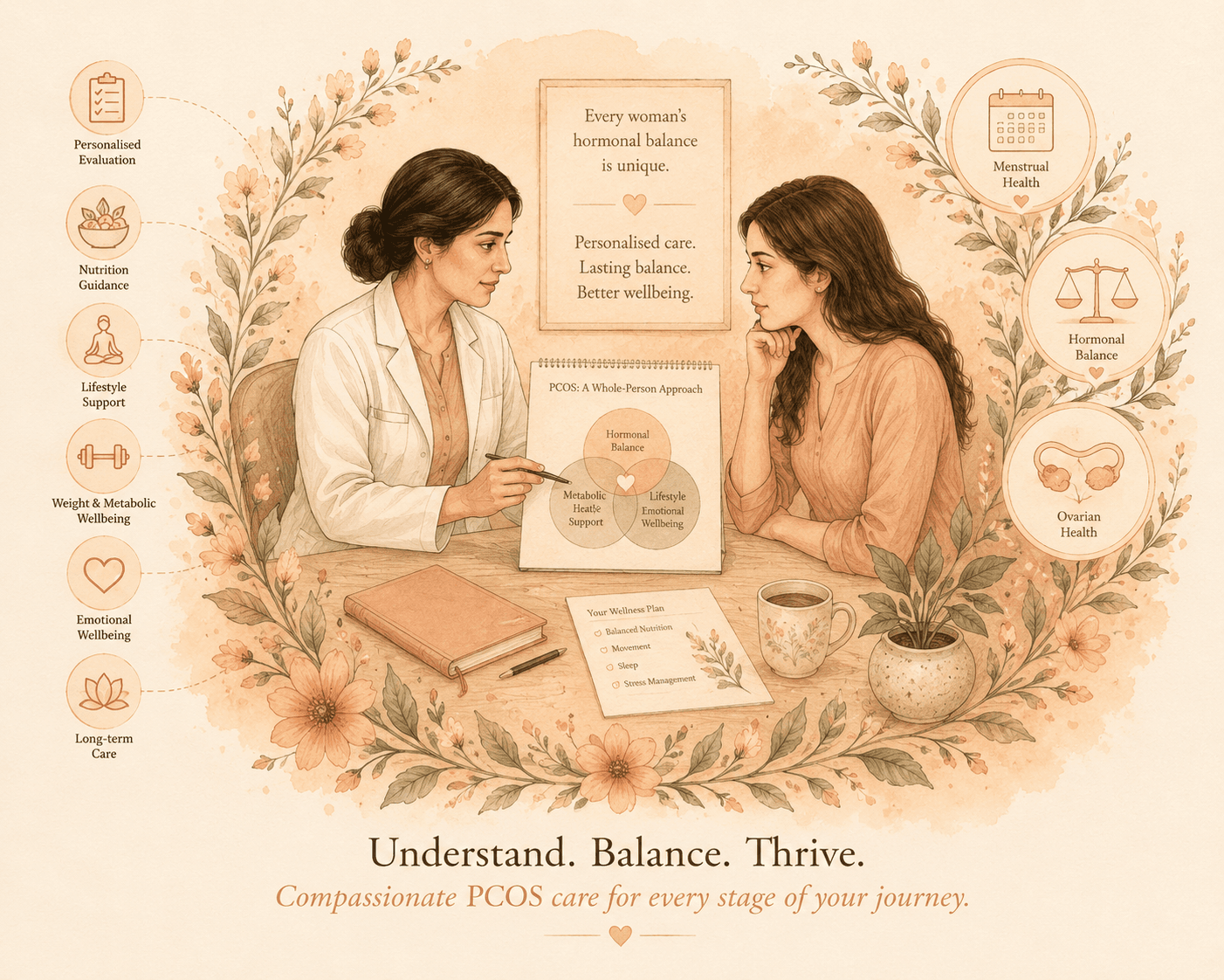 Editorial illustration of PCOS care — a calm figure with a clinician nearby, framed by botanical linework and gentle hormonal-health symbols