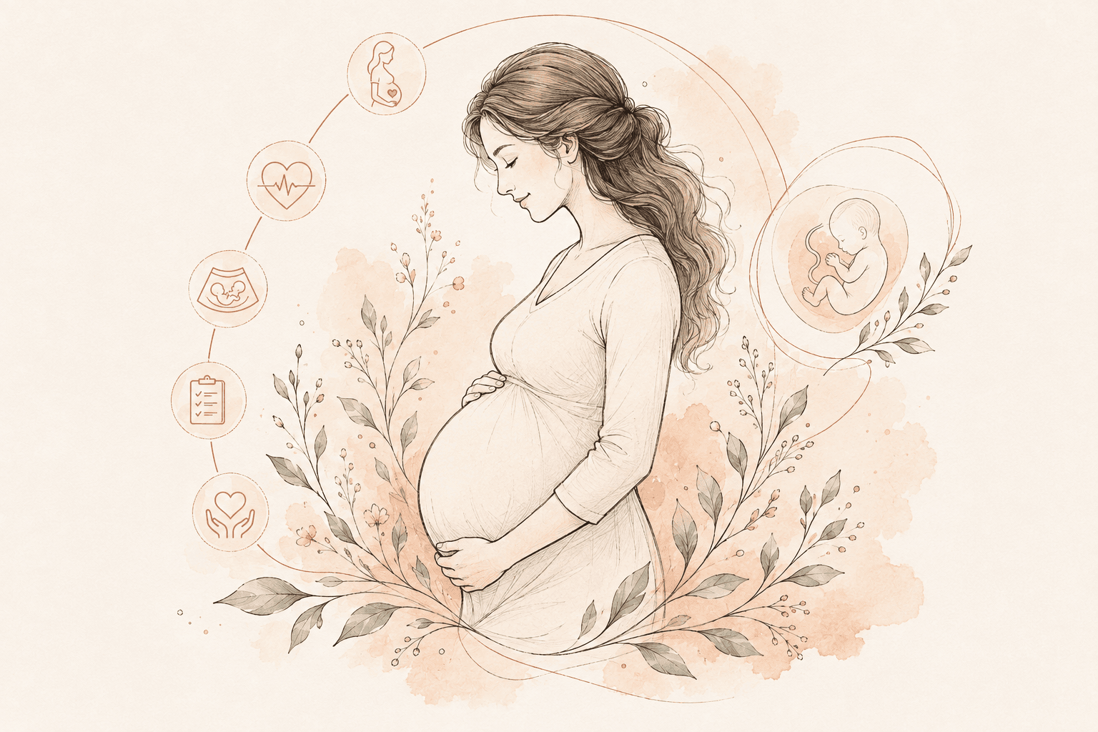 Editorial illustration of pregnancy and antenatal care — a calm figure cradling her belly, framed by botanical linework and gentle care symbols