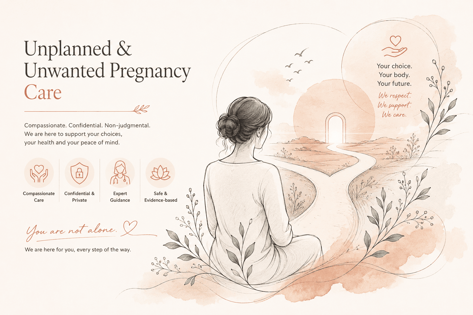 Editorial illustration of confidential unplanned pregnancy and abortion care — a calm conversation between a patient and clinician, framed by botanical linework
