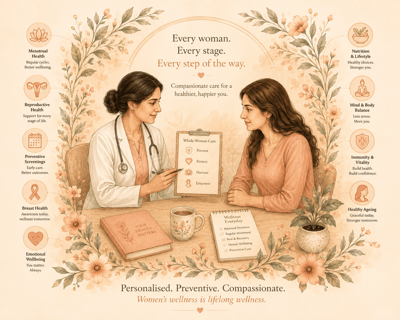 Editorial illustration of women's wellness care — a calm figure with a clinician nearby, framed by botanical linework and gentle wellbeing symbols